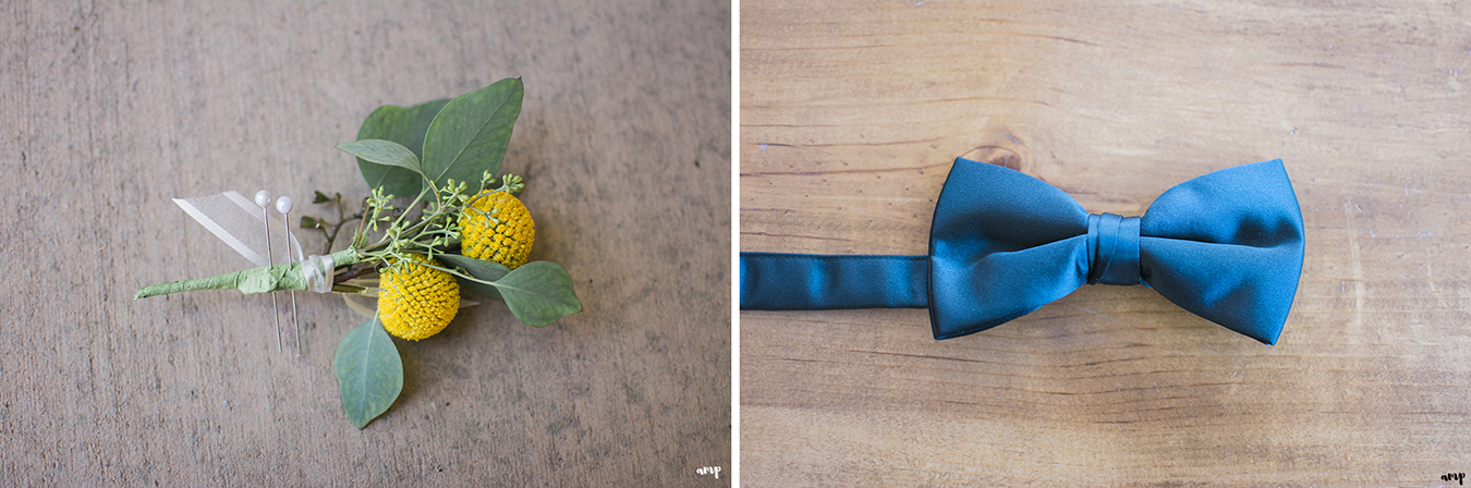 Groom's yellow boutonniere and bow tie 