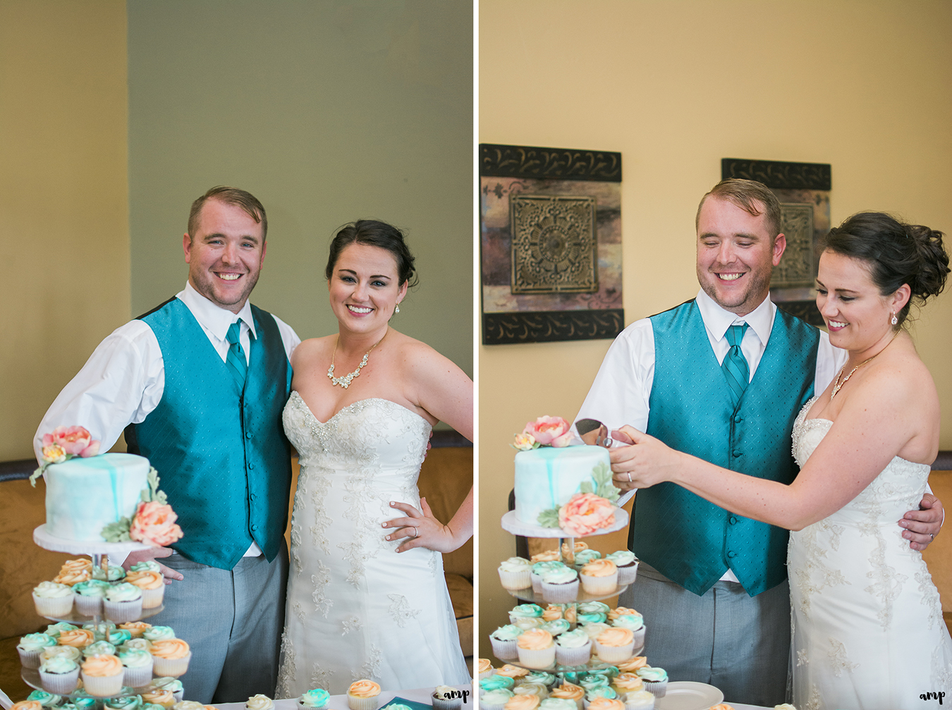 Bride and groom cutting the marbled cake
