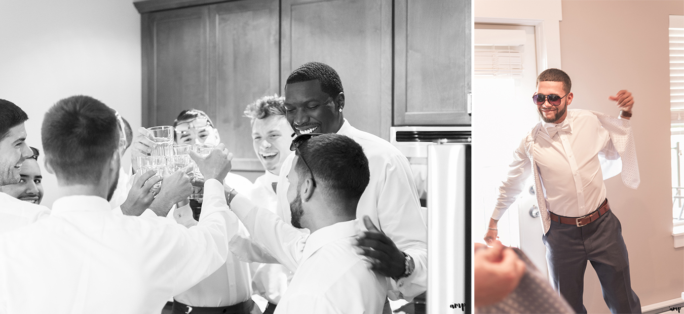 Groomsmen offer the groom a toast while getting ready