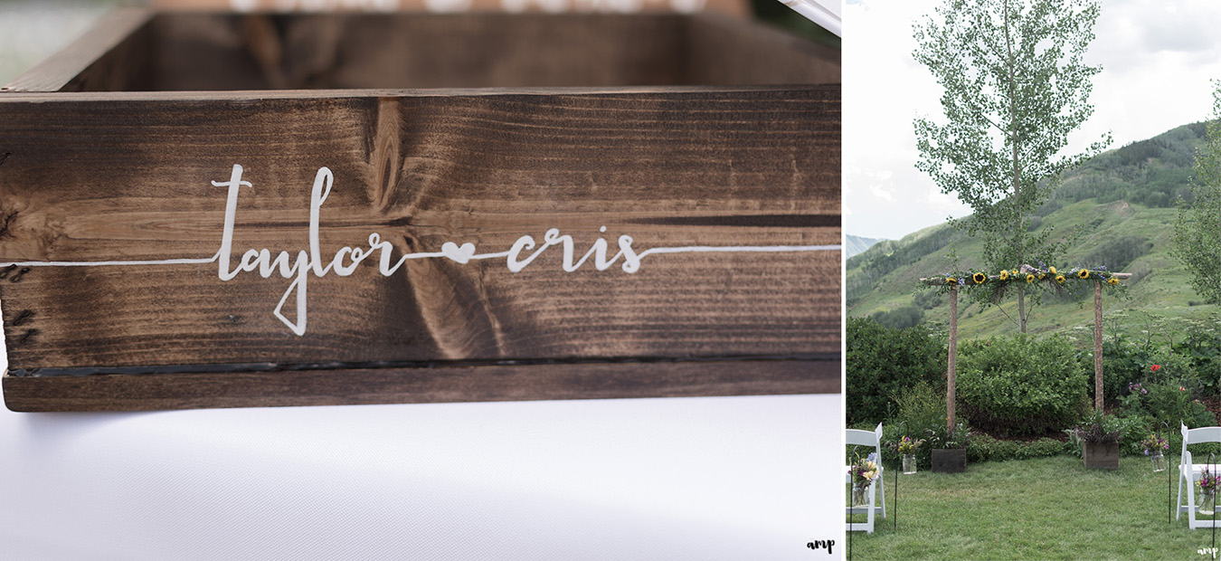 Custom card box and Crested Butte Mountain Wedding Garden layout