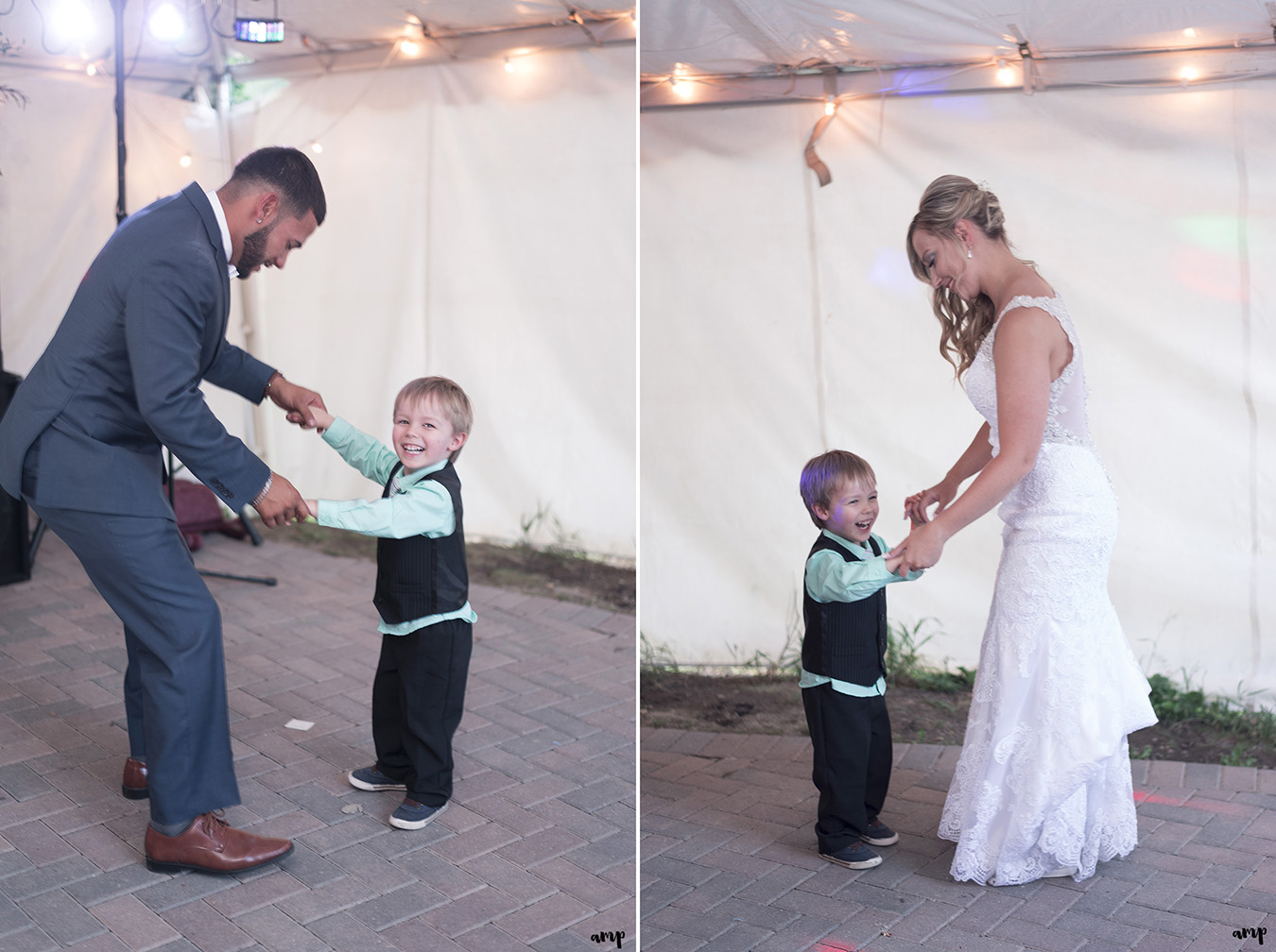 Bride and groom dance with a young guest