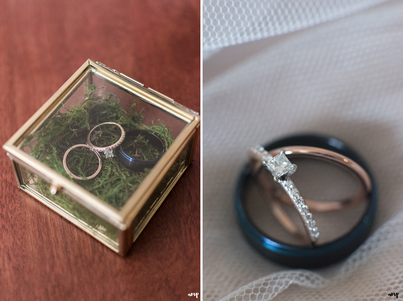 Wedding rings in antique gold and glass ring box