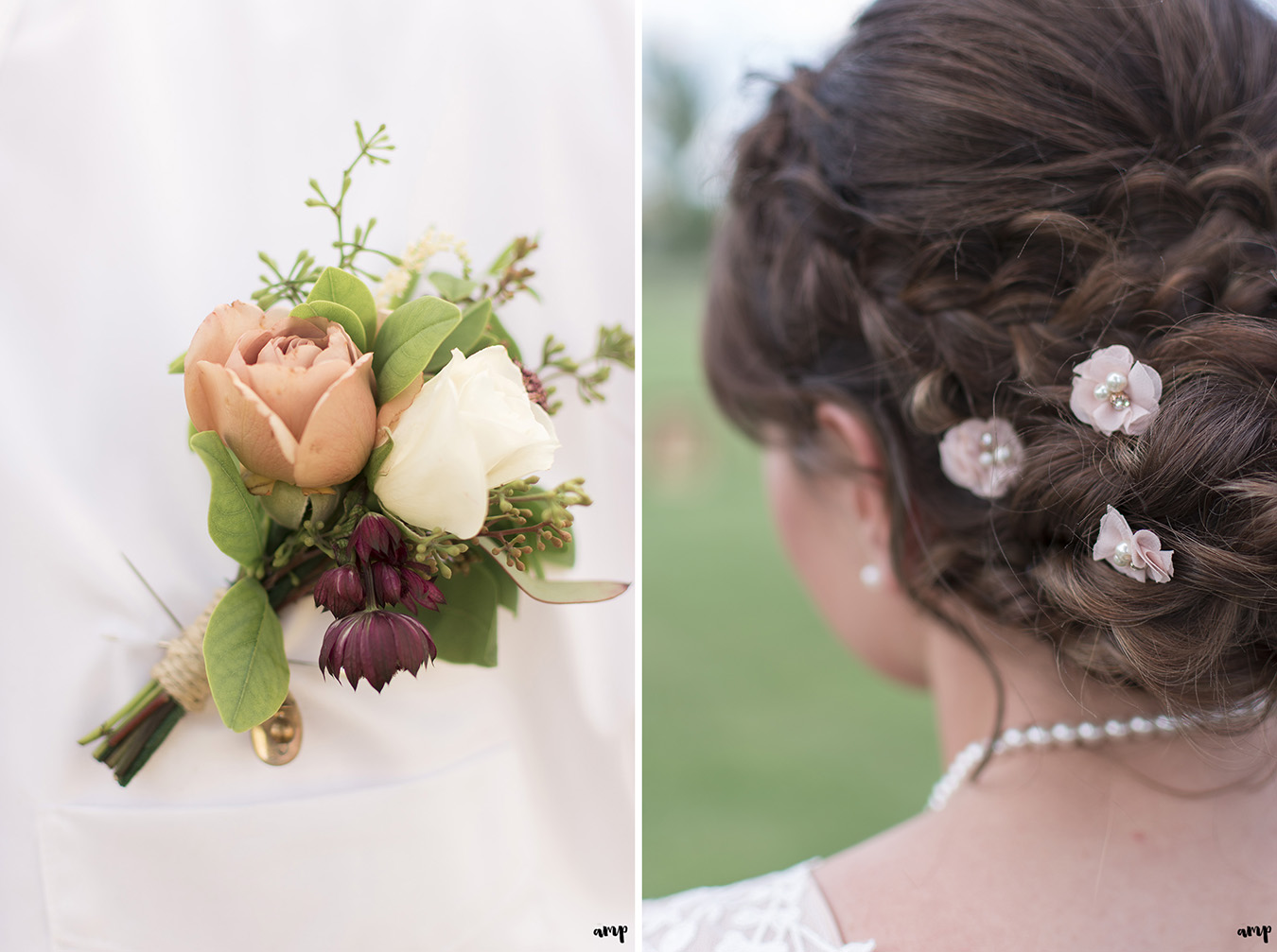 Groom's boutonniere and bride's hair details