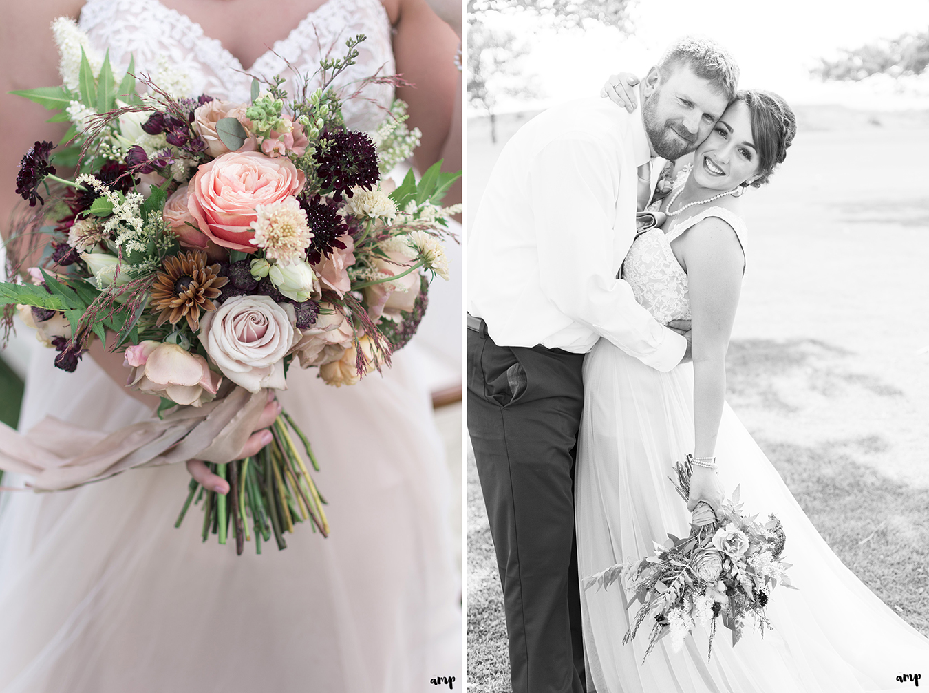 Whimsical vintage flower bouquet and bride and groom in black and white