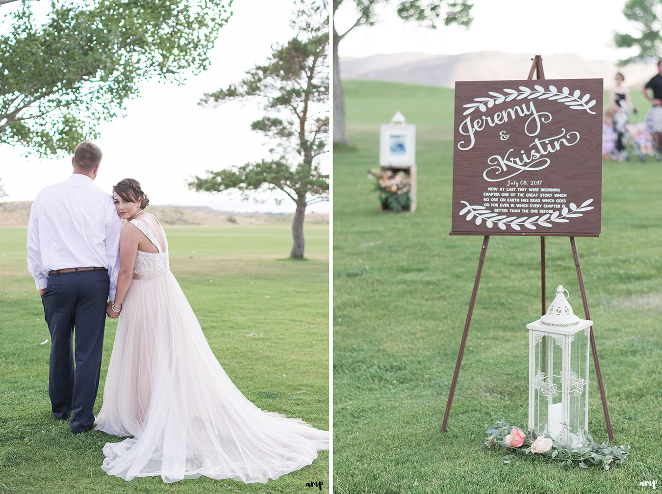 Custom wooden calligraphy sign at entrance to ceremony