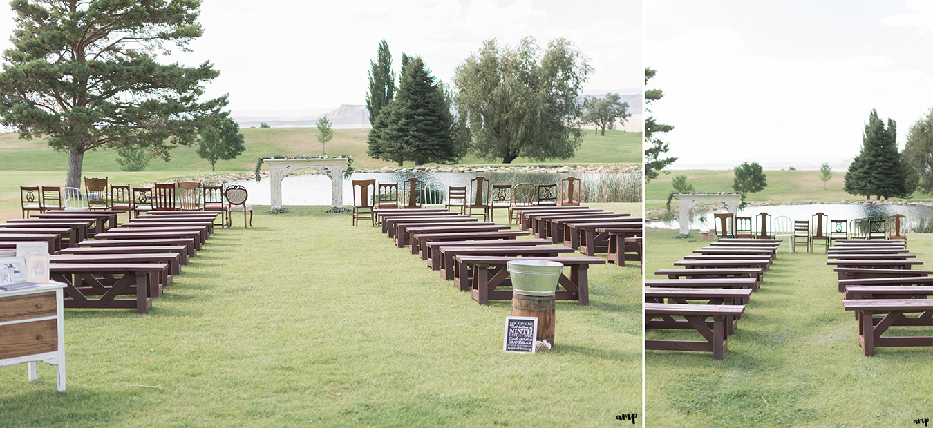 Vintage wedding in Rangely with handmade benches and vintage chairs