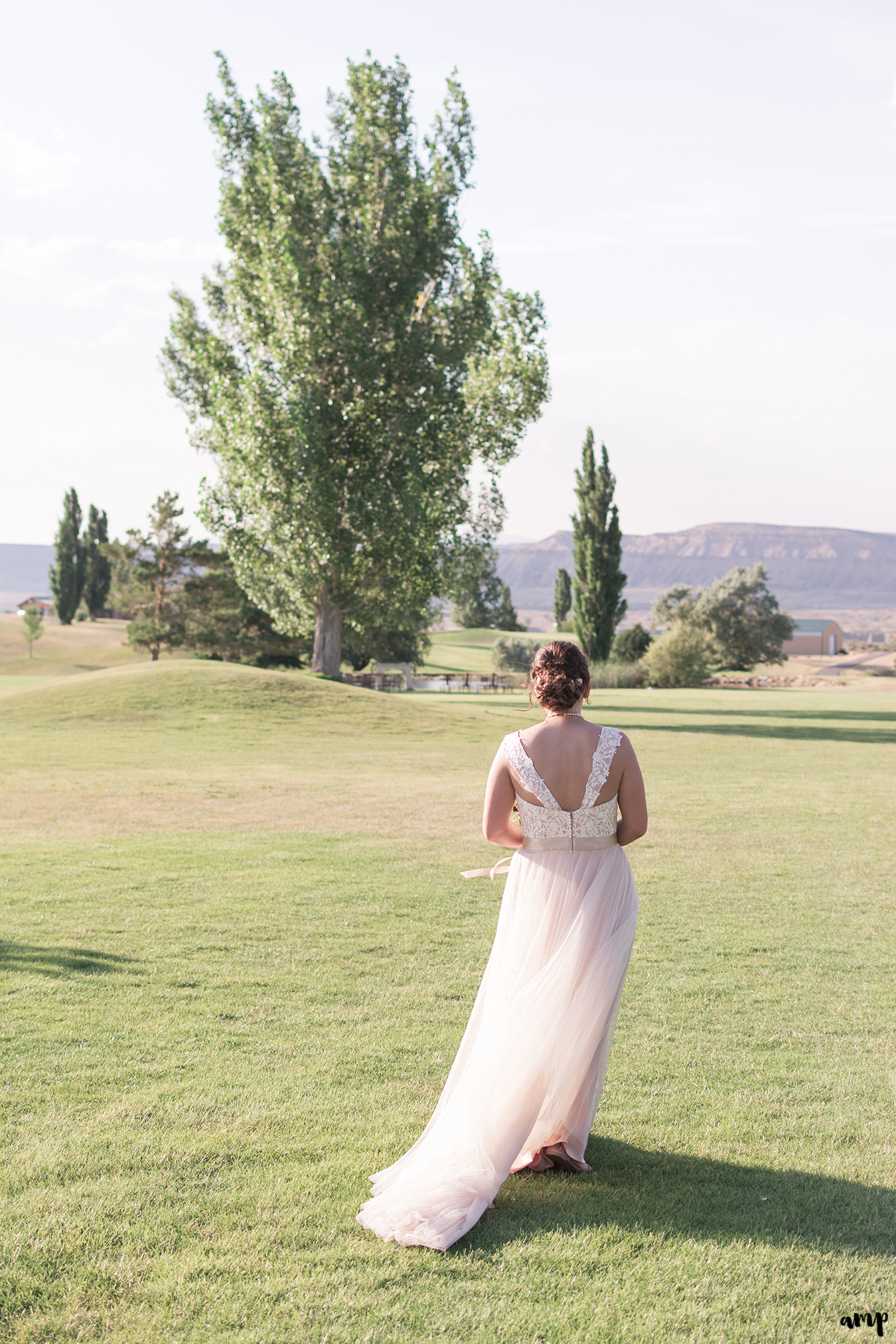 Bride walks into sunset as her tulle dress flows in the wind