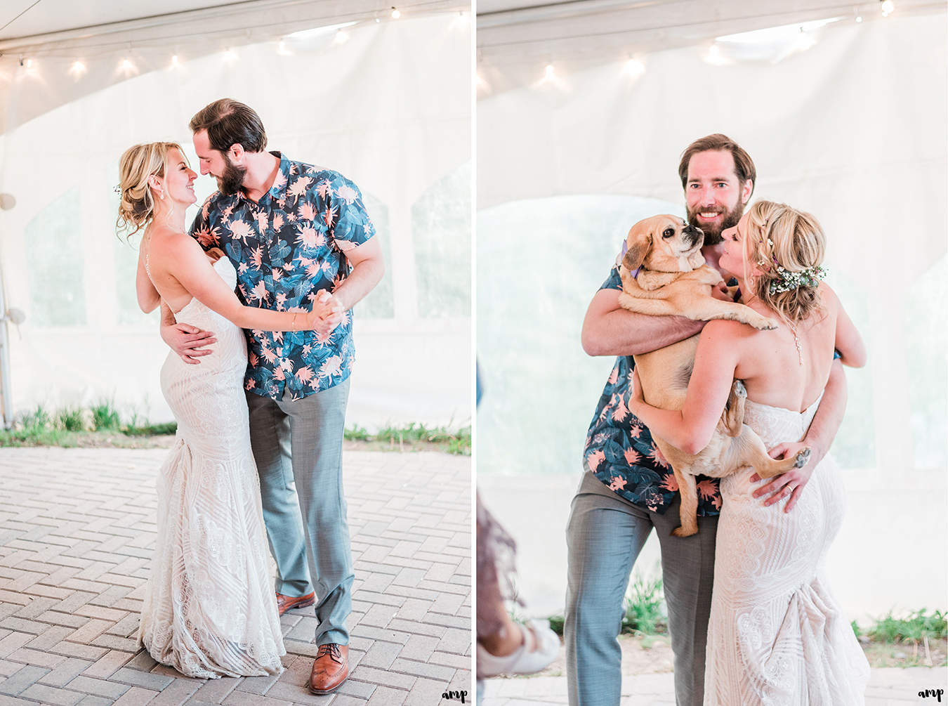Dan and Courtney's first dance shared with their dog Mr. Bentley in their arms